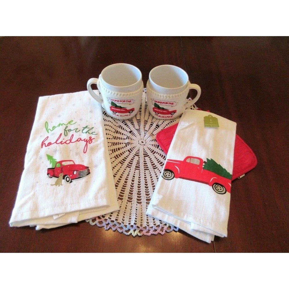 Lot 5 Country Red Truck Christmas Tree 2 Mugs With